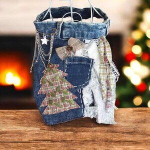 Art To Wear Jabot Denim & Lace Christmas Tree OOAK Handmade